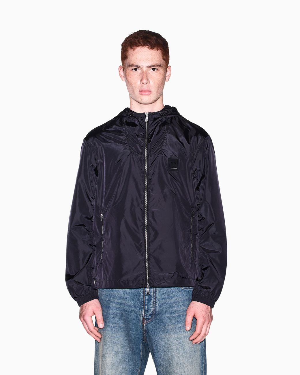 ARMANI EXCHANGE Blue Hooded Nylon Windbreaker Icon With A Zip And Logo Patch for men