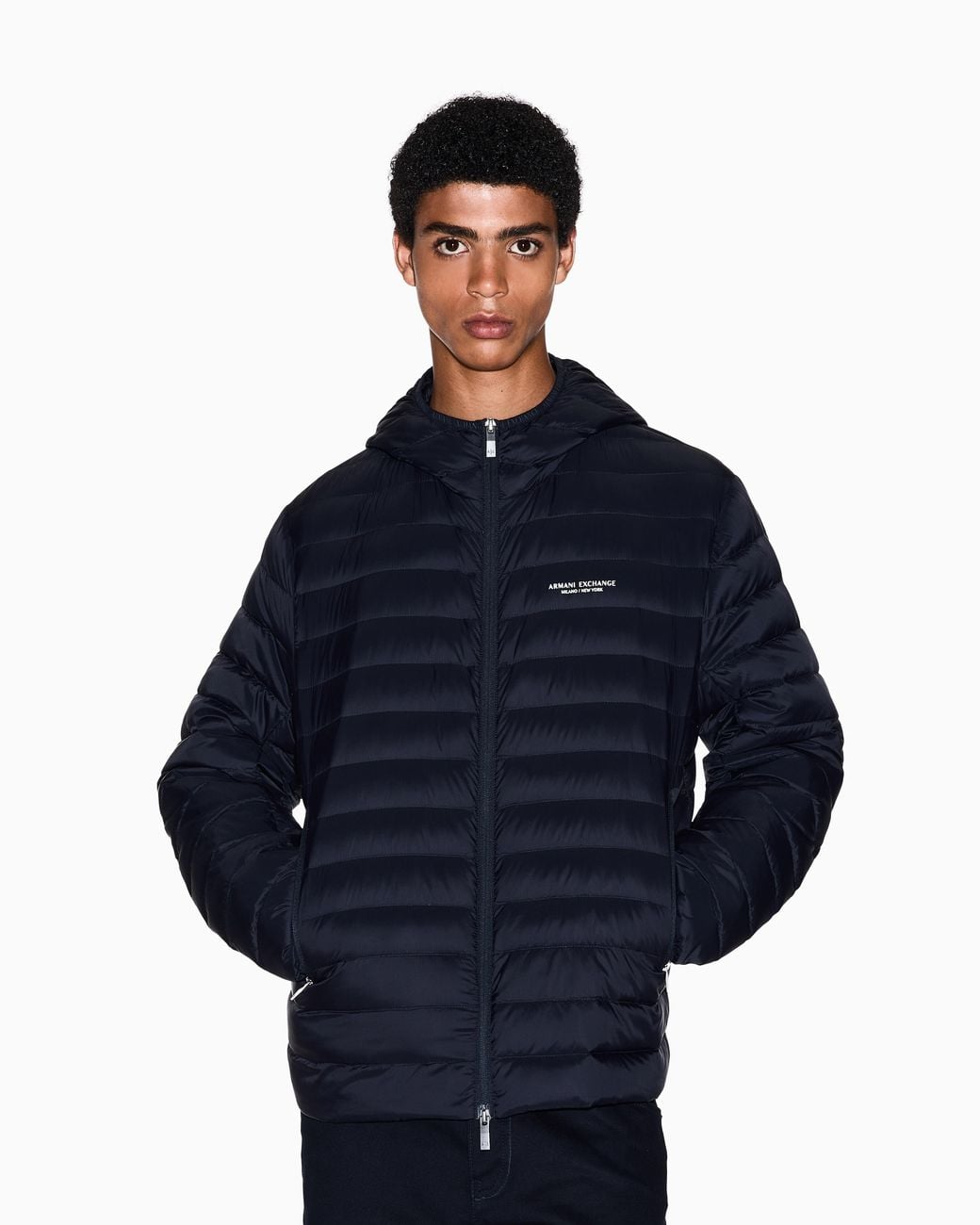 ARMANI EXCHANGE Blue Quilted Nylon Down Puffer Jacket With Hood Essential for men