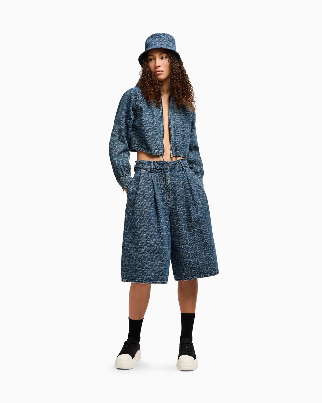 ARMANI EXCHANGE Blue Short Denim Blouson With Allover Asv Logo