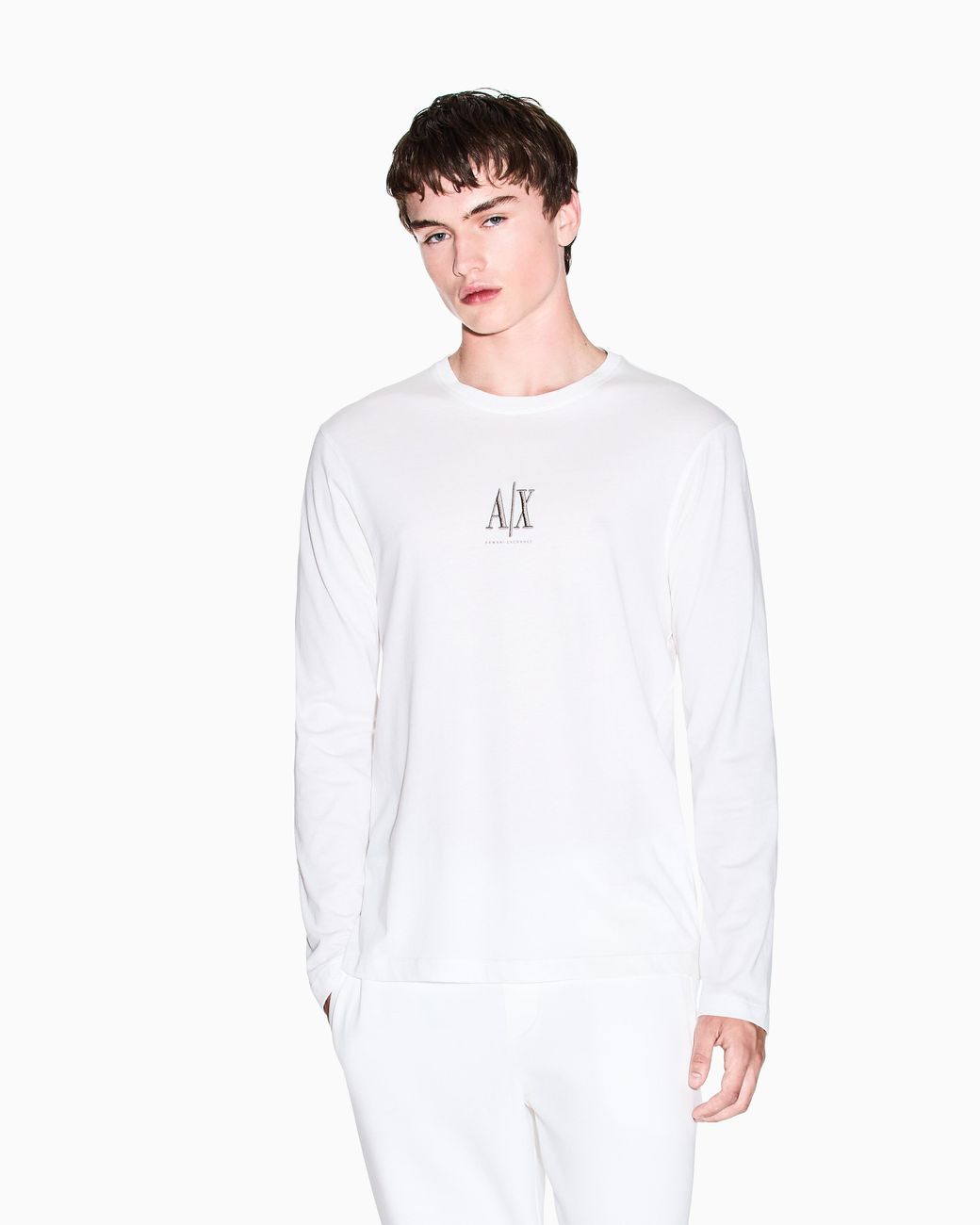 ARMANI EXCHANGE White Slim-Fit Long-Sleeve Cotton T-Shirt With Logo Icon for men