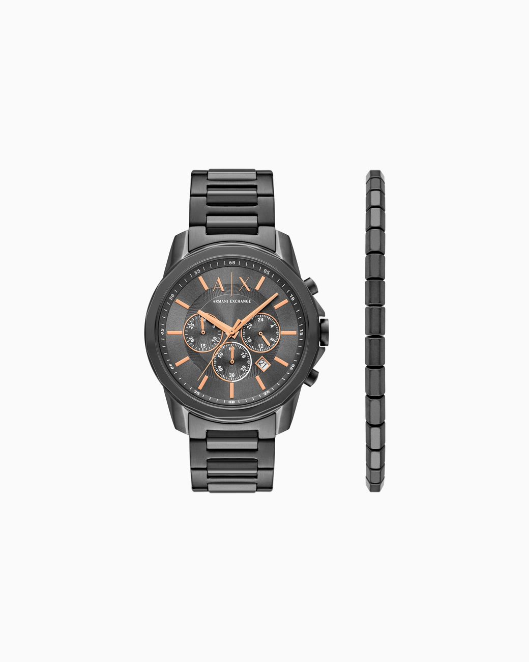 ARMANI EXCHANGE White Chronograph Gunmetal Stainless Steel Watch And Bracelet Gift Set for men