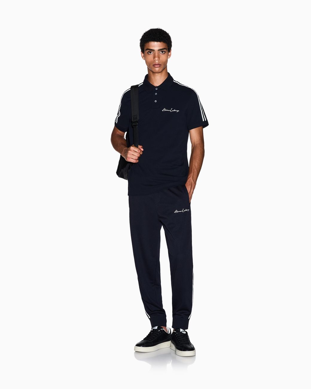ARMANI EXCHANGE Blue Stretch Cotton Piquet Polo With Stripes And Logo Essential for men