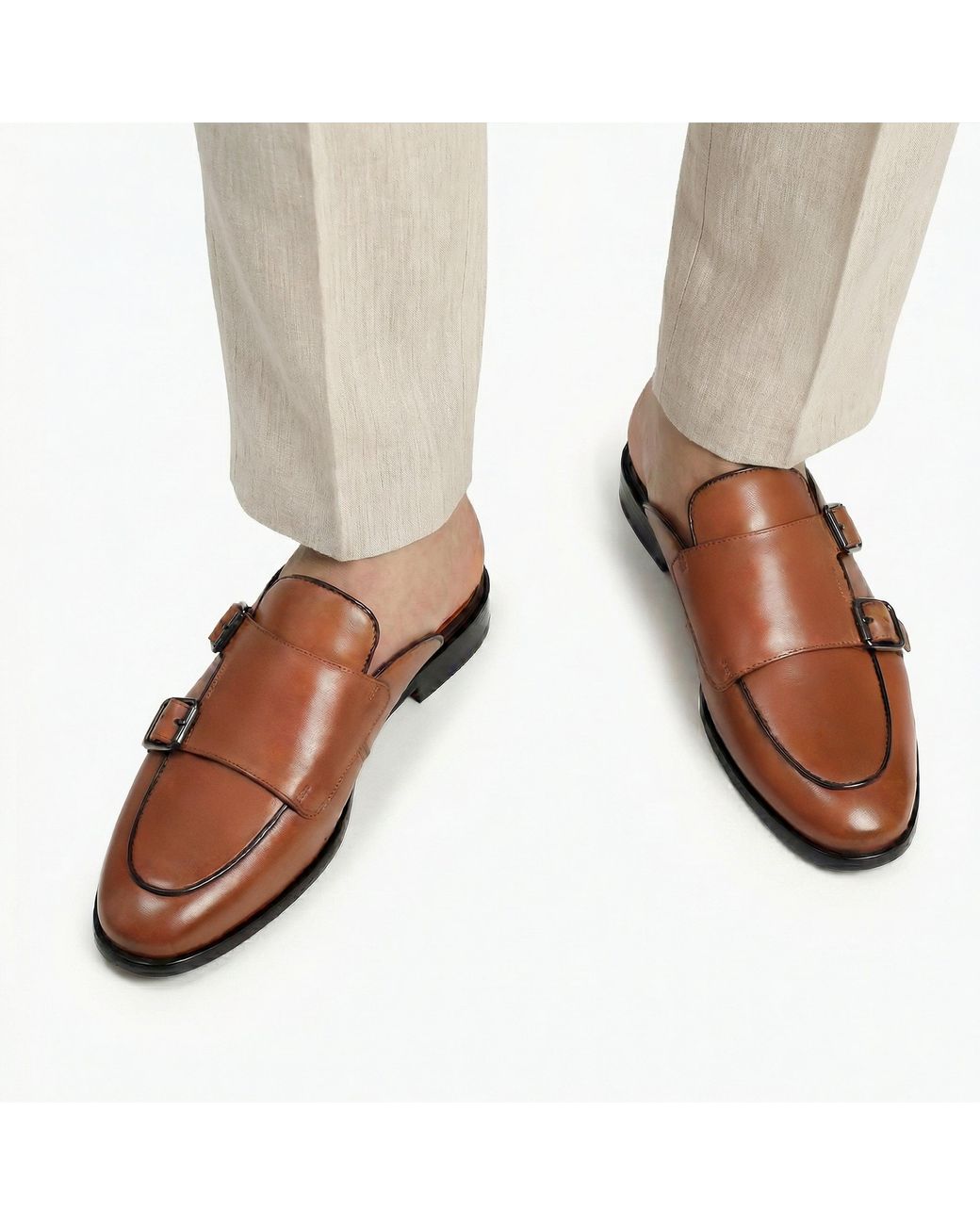 Armos Brown Leather Double Monk Strap Mule for men