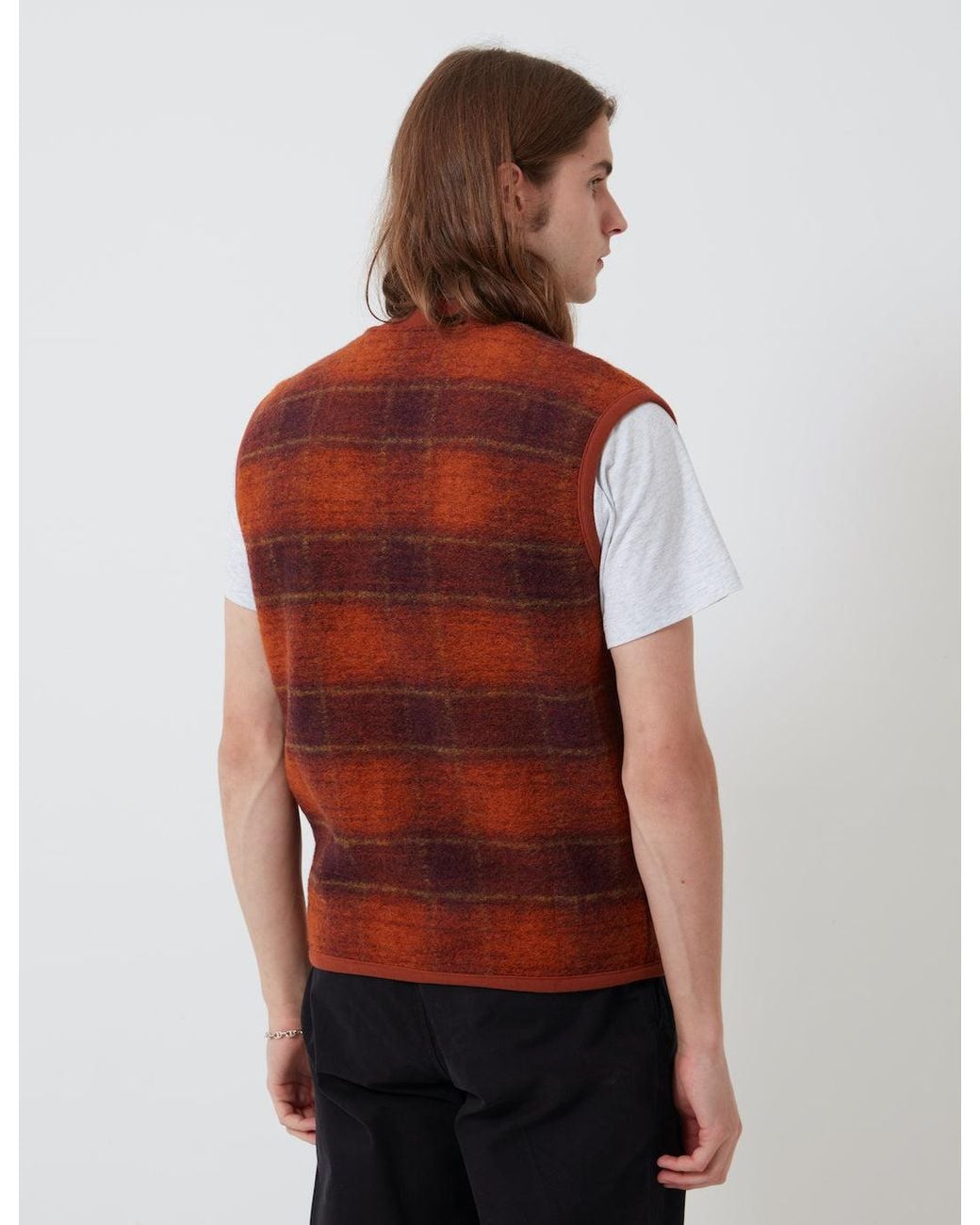 Universal Works Red Zip Waistcoat (Austin Wool Fleece) for men