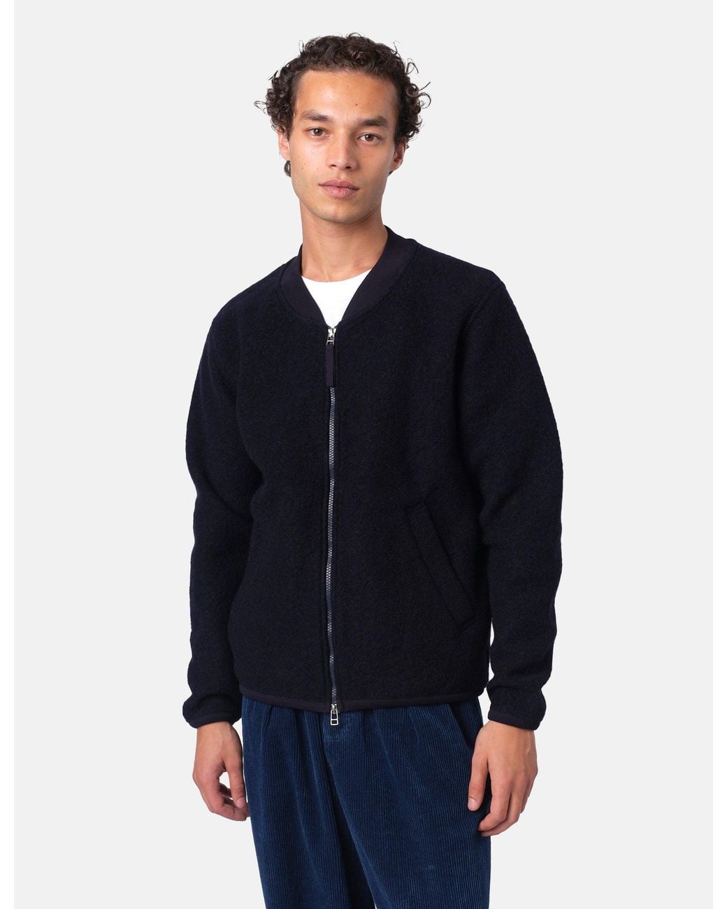 Universal Works Blue Zip Bomber Jacket (Wool Fleece) for men