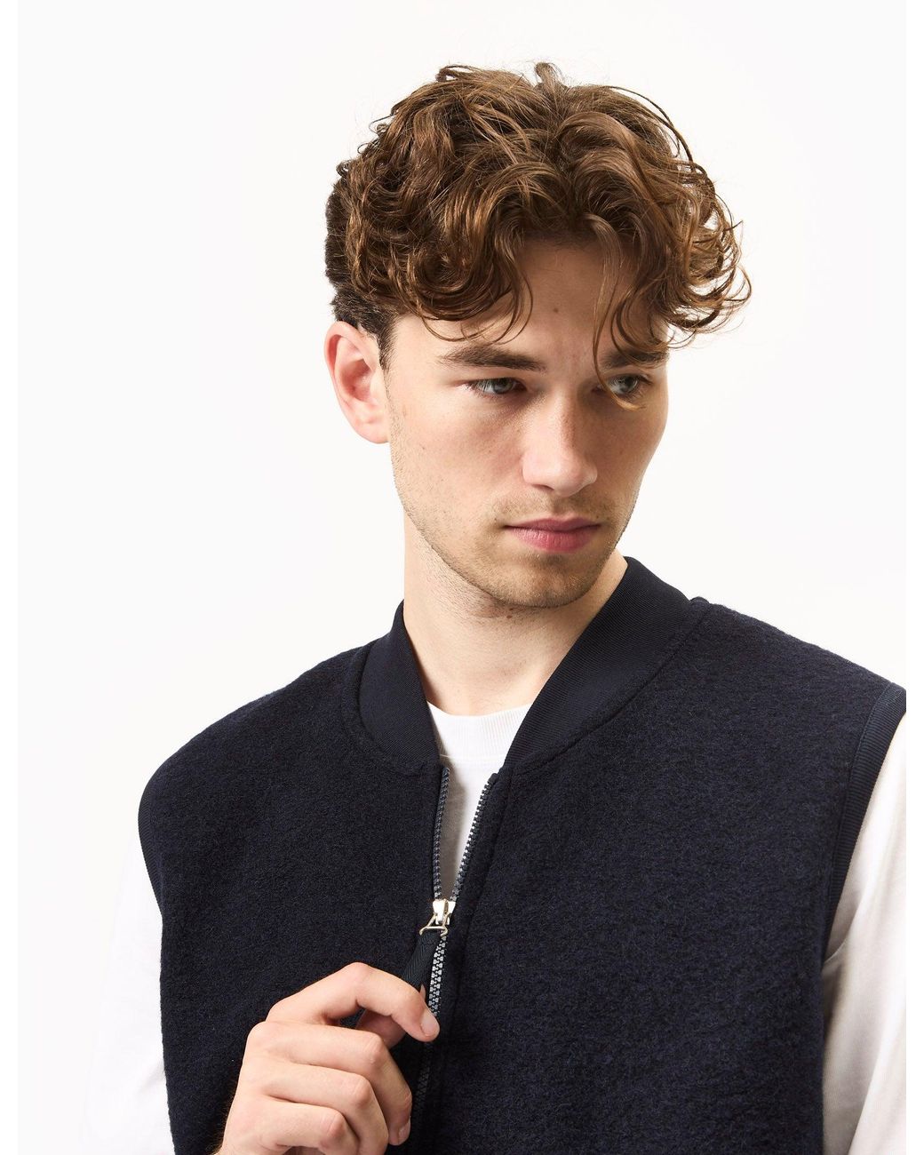 Universal Works Blue Zip Waistcoat (Wool Fleece) for men