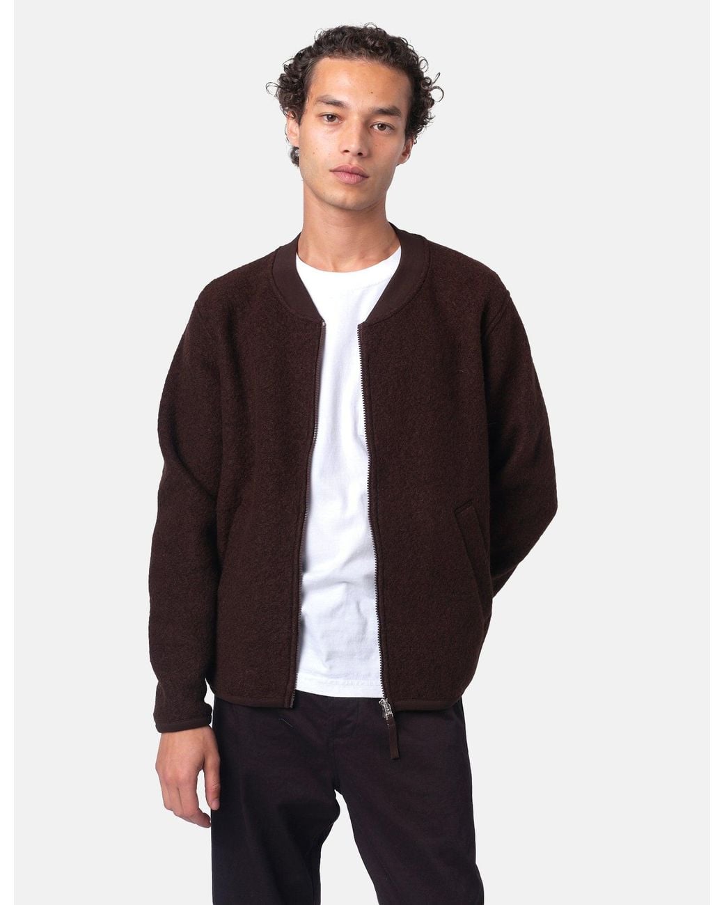 Universal Works Brown Zip Bomber Jacket (Wool Fleece) for men