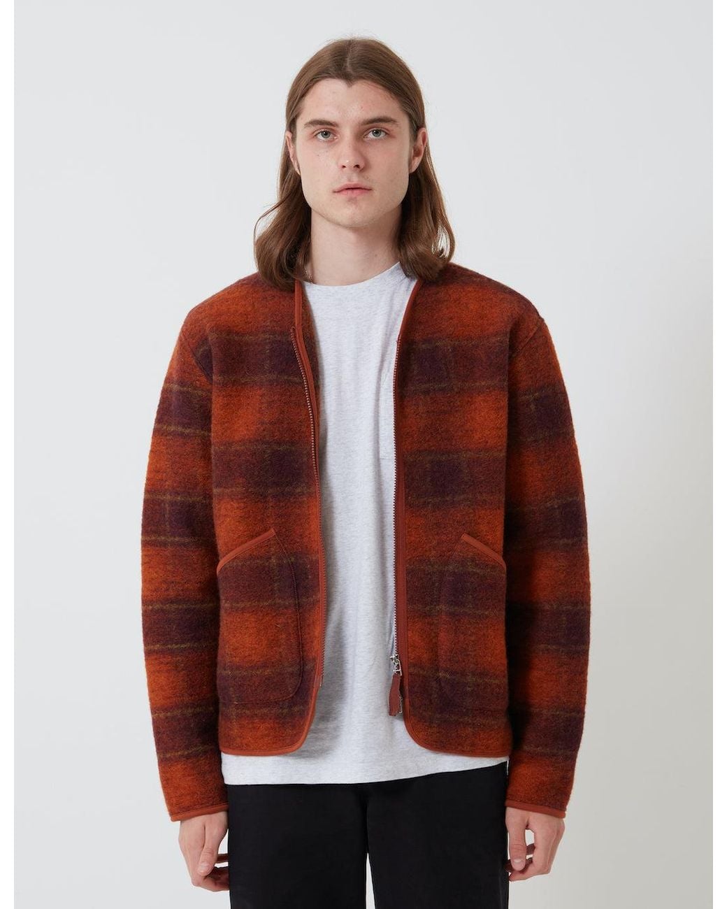 Universal Works Red Zip Liner Jacket (Austin Wool Fleece) for men