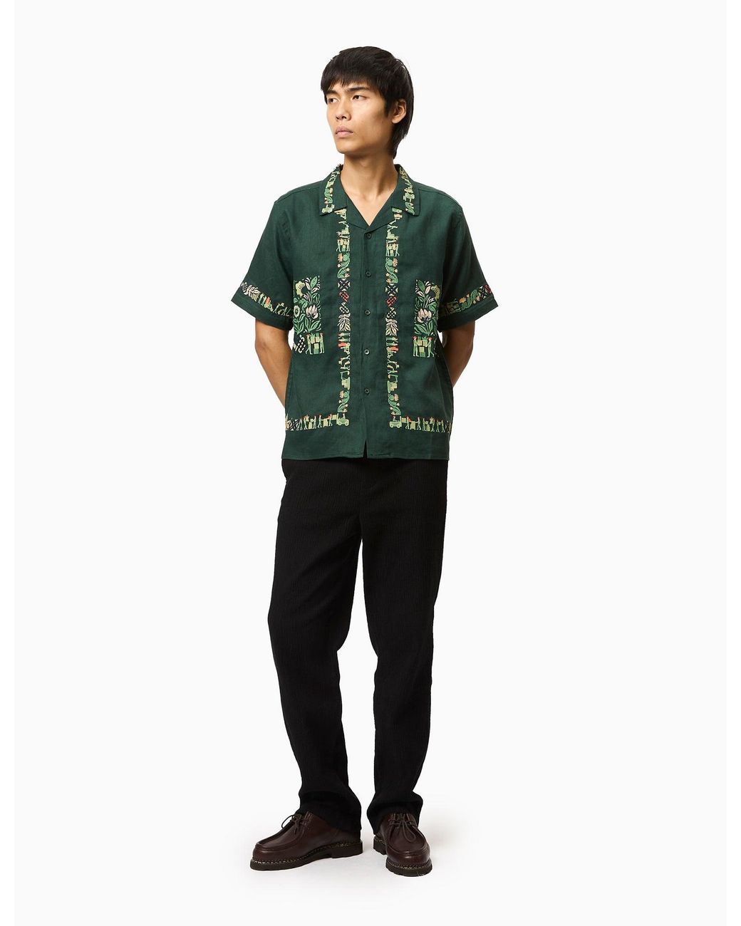 Percival Green Import Embroidered Cuban Shirt (Linen) for men