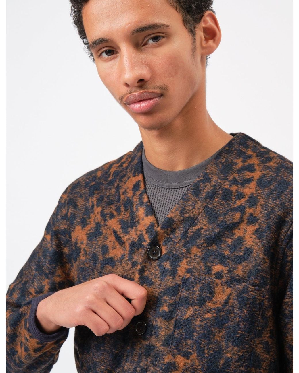 Universal Works Gray Cardigan (Night Leopard) for men