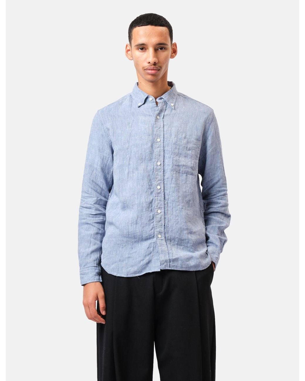 Beams Plus Blue Button Down 1/40 Linen Chambray Shirt for men