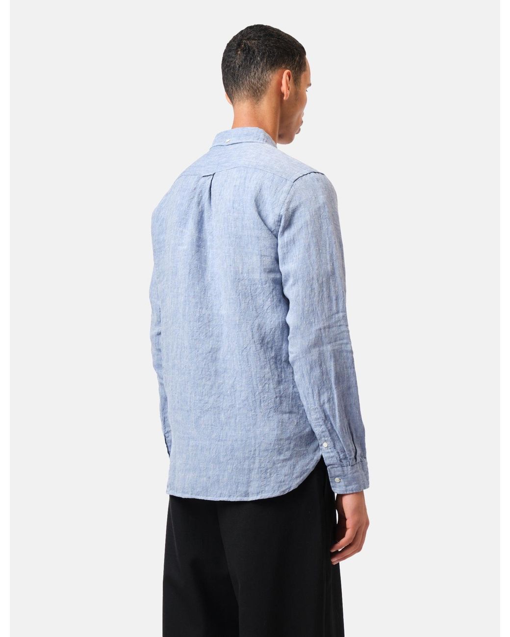 Beams Plus Blue Button Down 1/40 Linen Chambray Shirt for men
