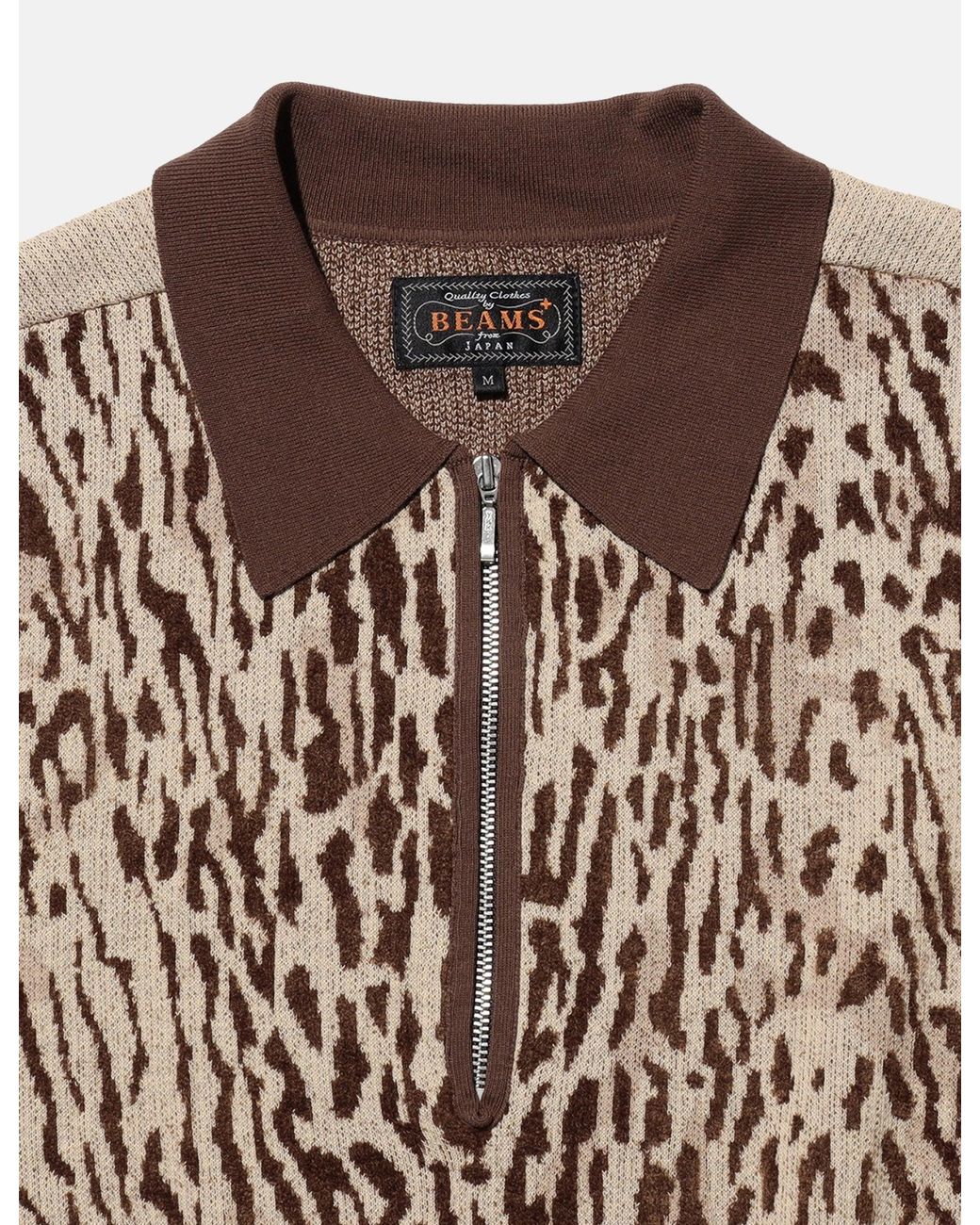 Beams Plus Natural Half Zip Knit Polo (Giraffe Jacquard) for men