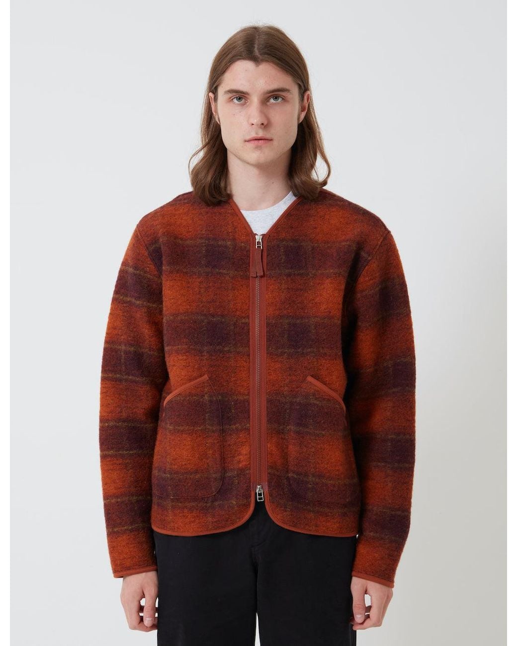 Universal Works Red Zip Liner Jacket (Austin Wool Fleece) for men