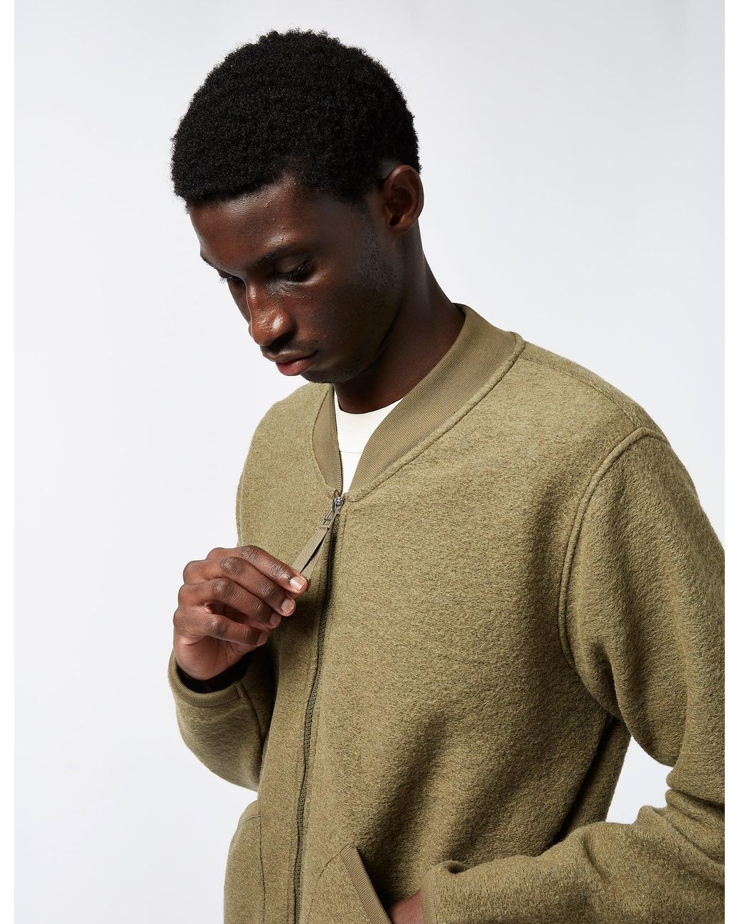 Universal Works Green Zip Bomber (wool) for men