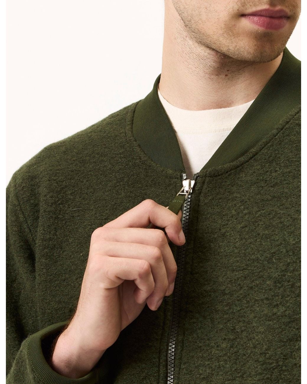Universal Works Green Zip Bomber (Wool Fleece) for men