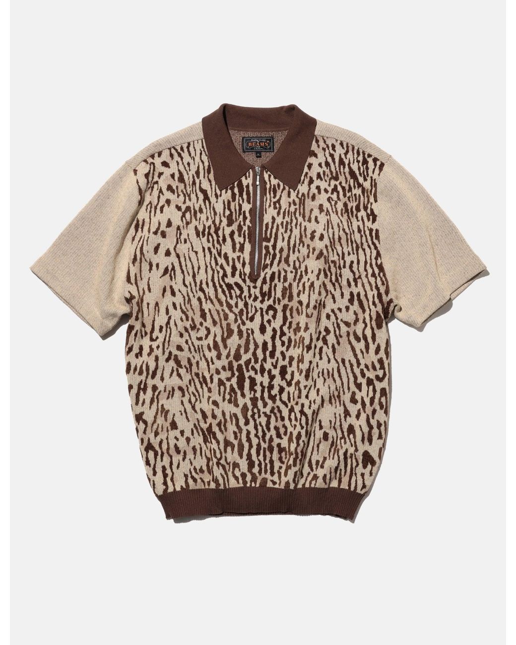 Beams Plus Natural Half Zip Knit Polo (Giraffe Jacquard) for men