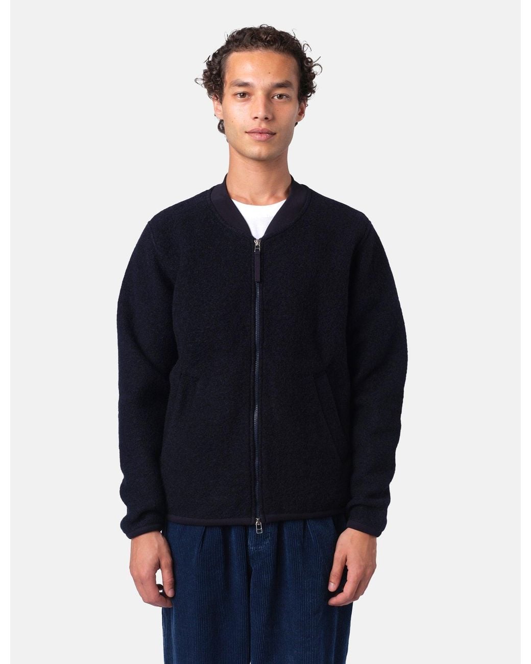 Universal Works Blue Zip Bomber Jacket (Wool Fleece) for men