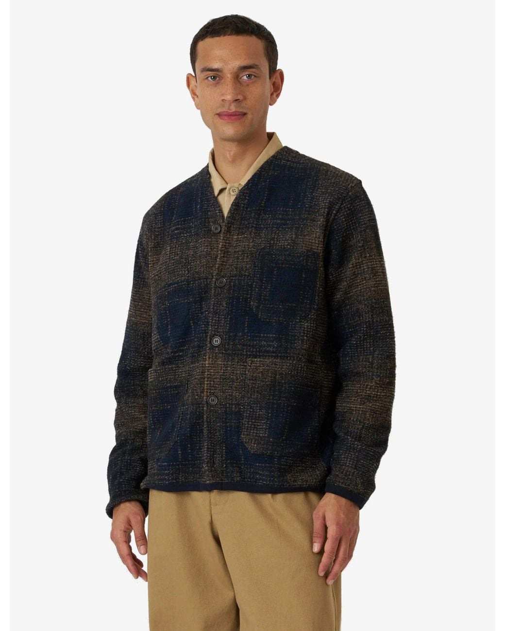 Universal Works Blue Cardigan (Deca Check) for men