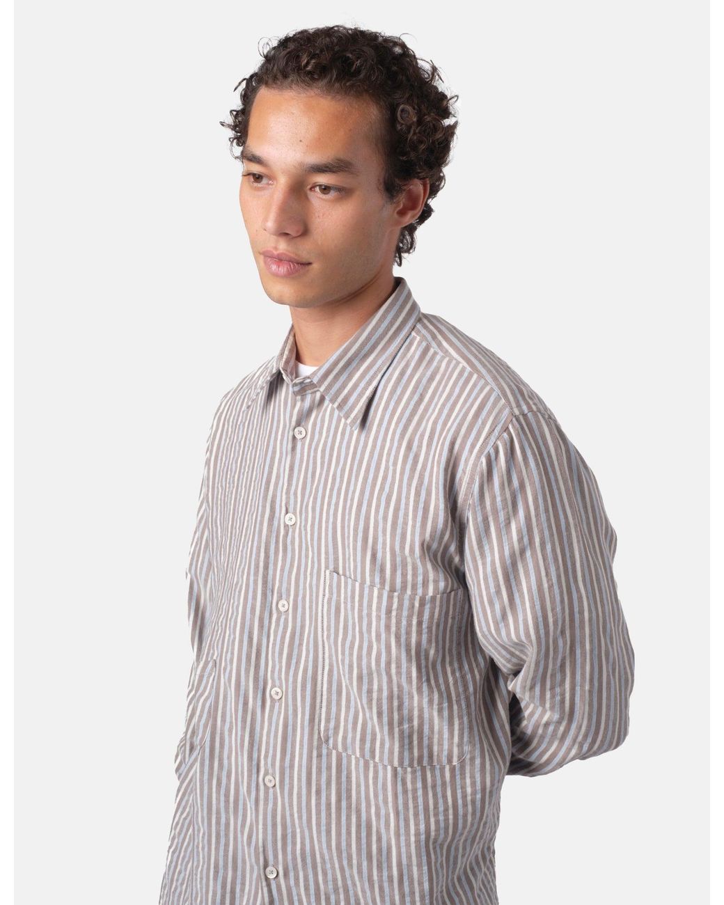 Universal Works Gray Station Shirt (Madison Stripe) for men