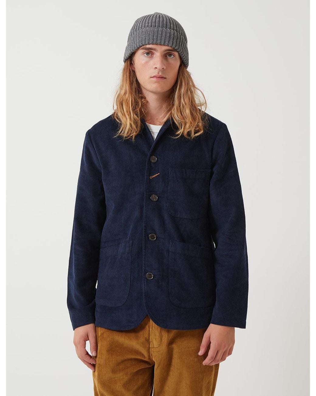 Universal Works Blue Merino Cardigan Watch Beanie Hat for men