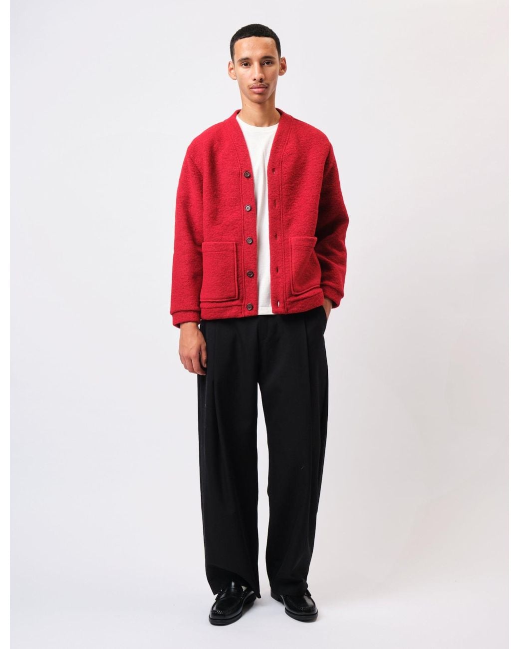 Universal Works Red Advance Cardigan (Wool Fleece) for men