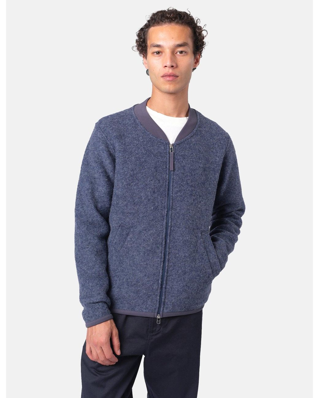 Universal Works Blue Zip Bomber Jacket (Wool Fleece) for men