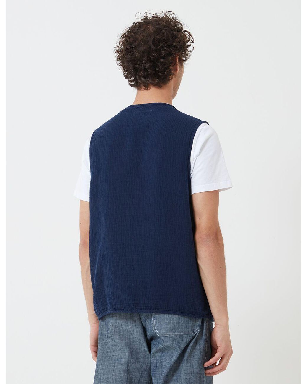 Universal Works Blue Zip Chore Waistcoat (Dual Lincot) for men