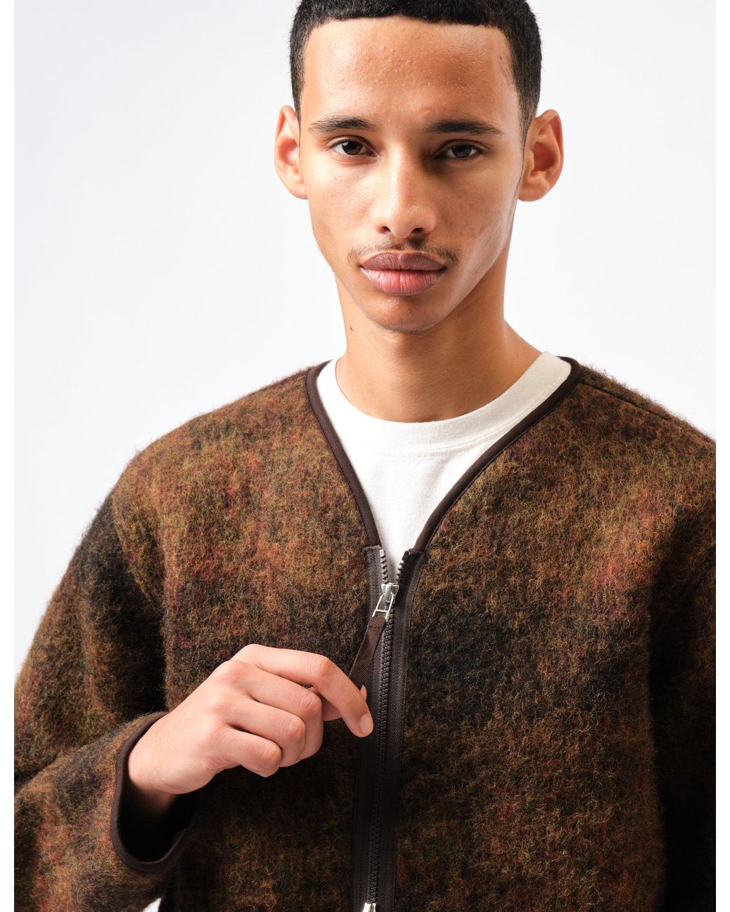 Universal Works Brown Zip Liner Jacket (Alps Fleece) for men
