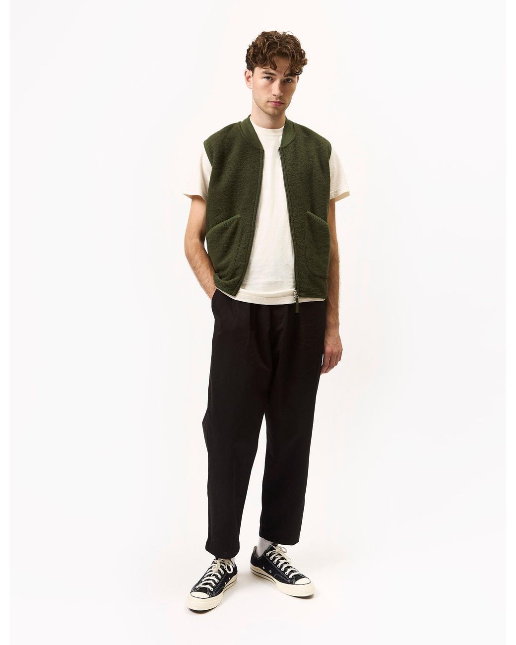 Universal Works Green Zip Waistcoat (Wool Fleece) for men