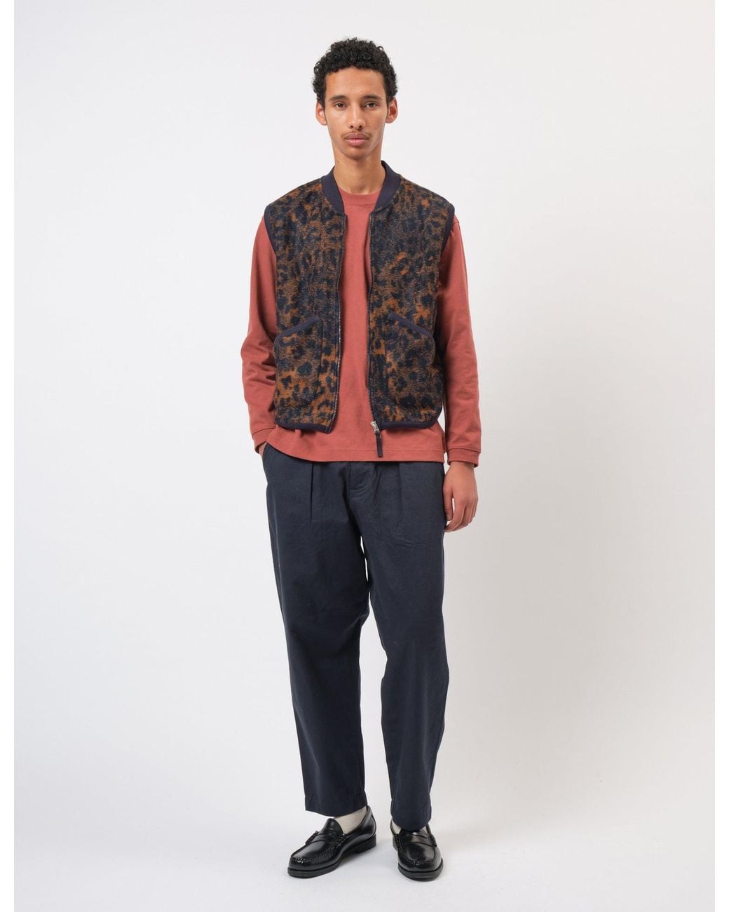 Universal Works Red Zip Waistcoat (Night Leopard) for men