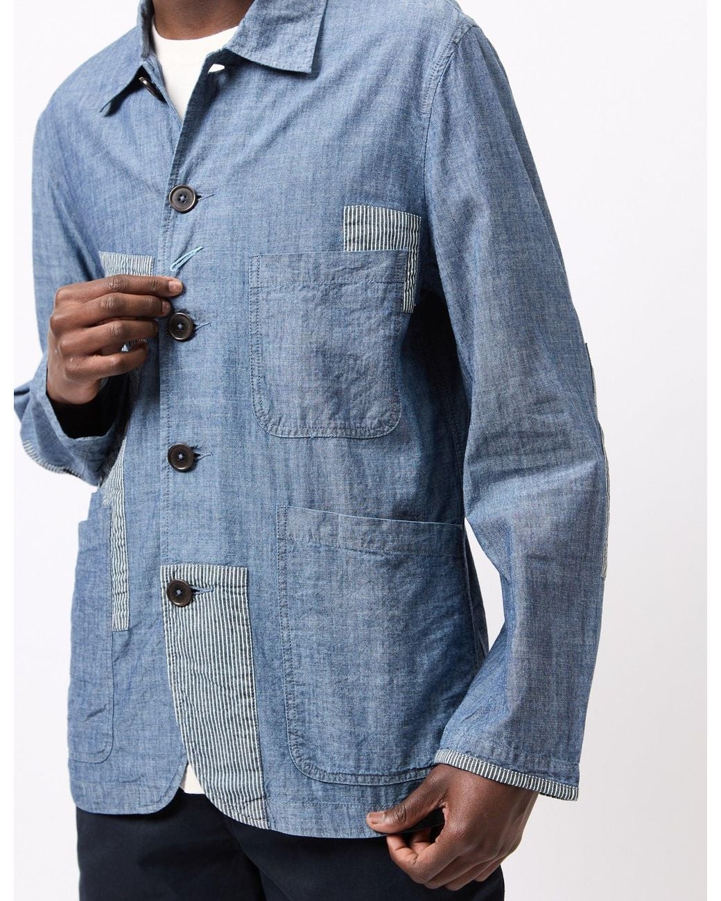 Universal Works Blue Patched Bakers Jacket (Chambray/Hickory) for men