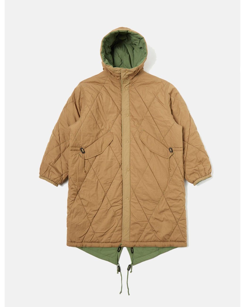 Universal Works Green Diamond Quilt Parka Jacket for men