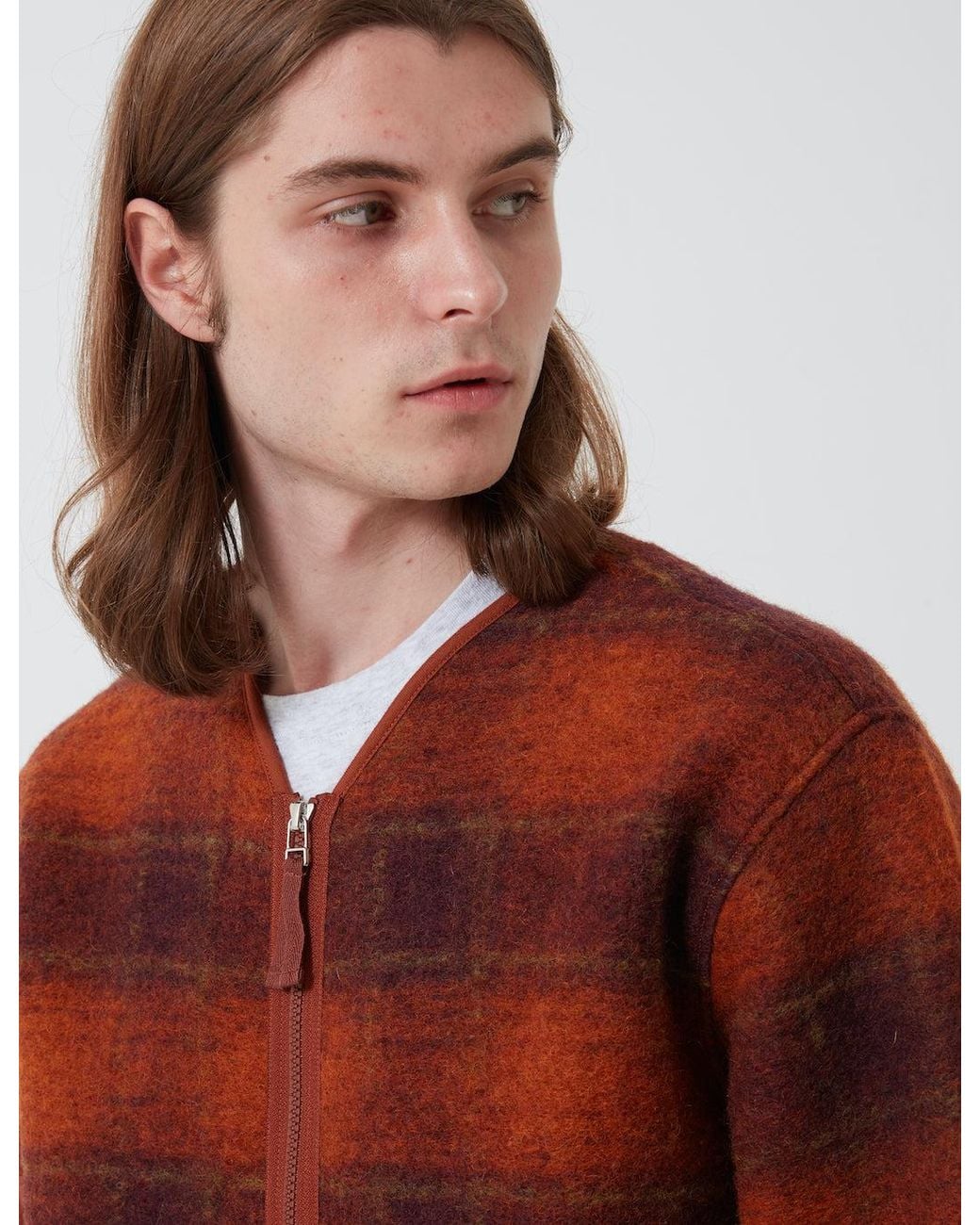 Universal Works Red Zip Liner Jacket (Austin Wool Fleece) for men