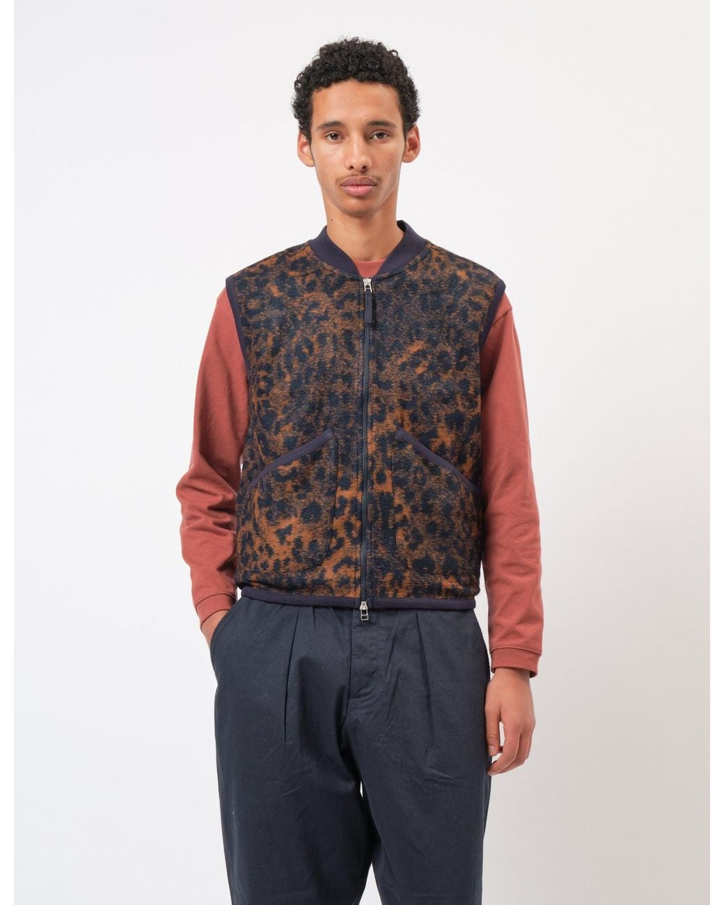 Universal Works Red Zip Waistcoat (Night Leopard) for men