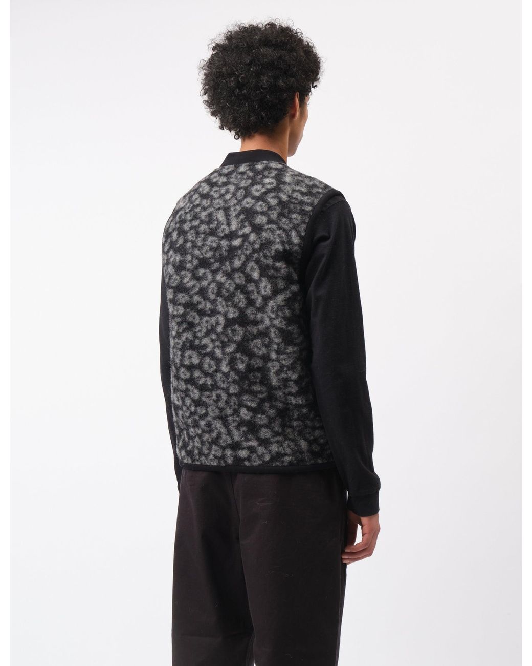 Universal Works Black Zip Fleece Waistcoat (Leopard) for men