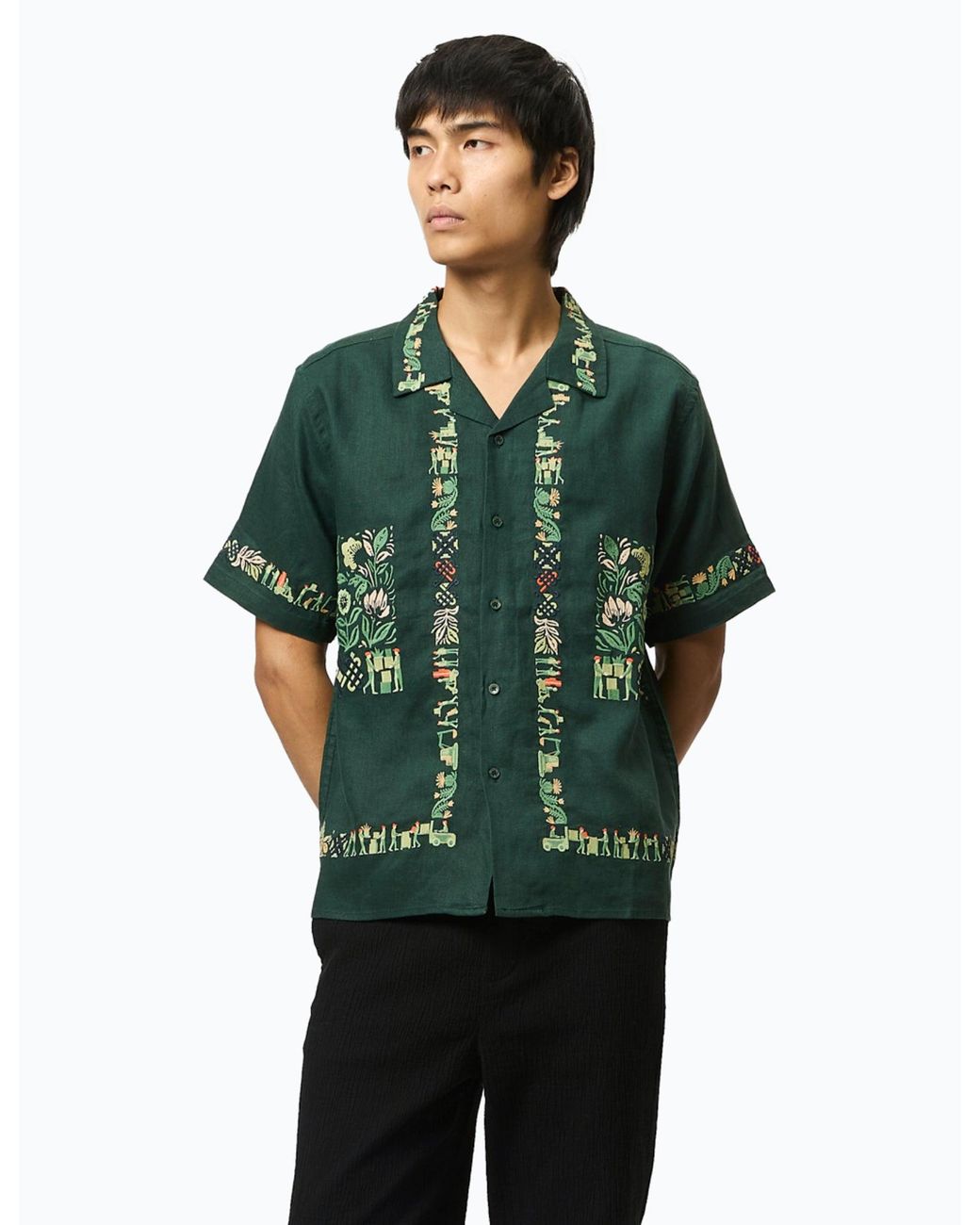 Percival Green Import Embroidered Cuban Shirt (Linen) for men