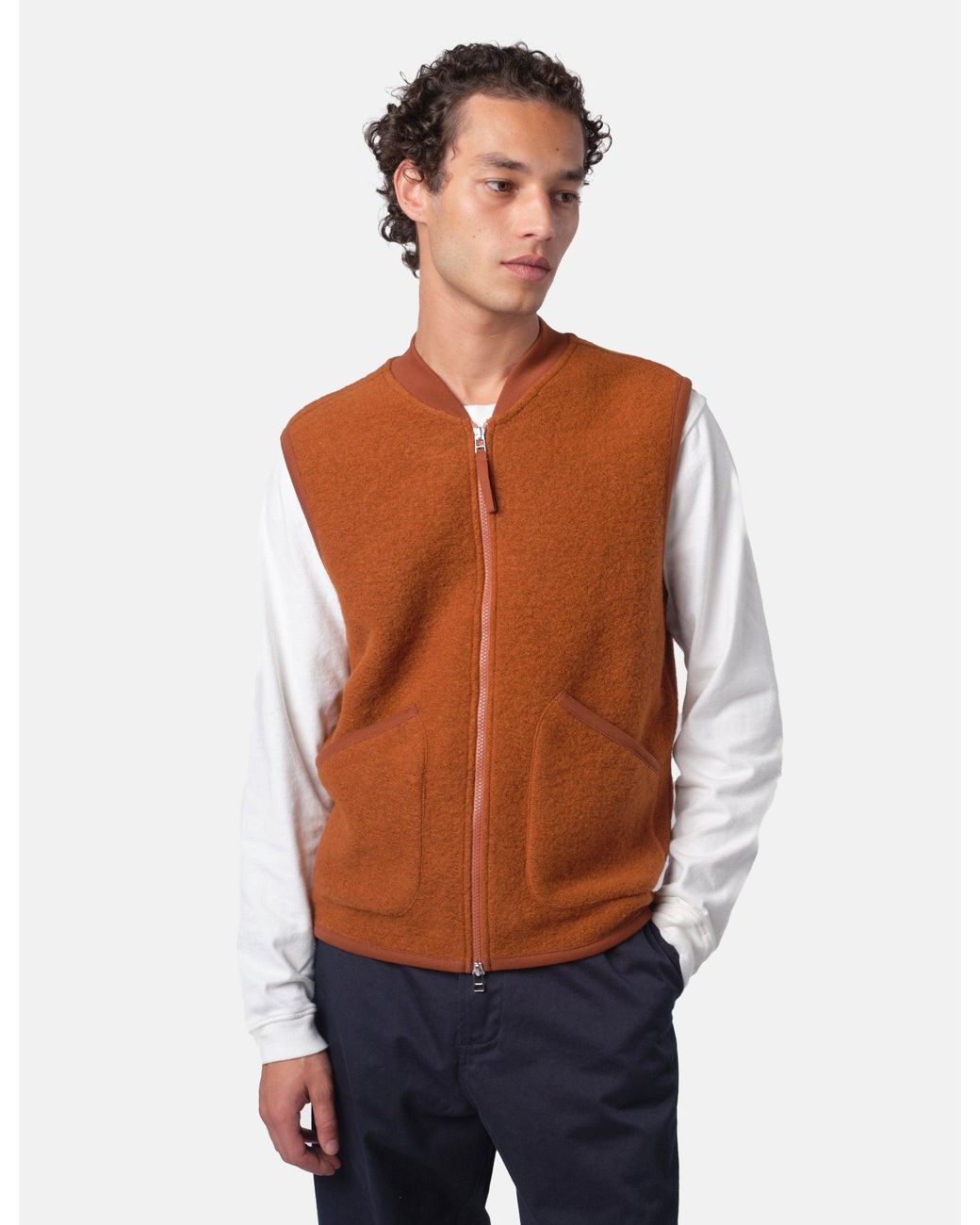 Universal Works Blue Zip Waistcoat (Wool Fleece) for men