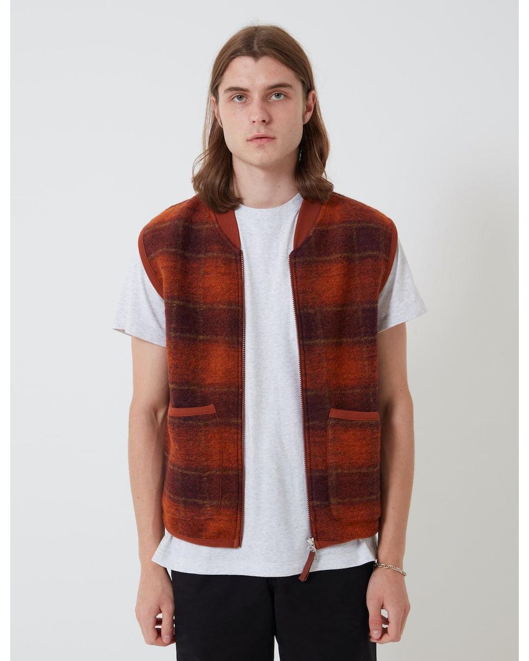 Universal Works Red Zip Waistcoat (Austin Wool Fleece) for men
