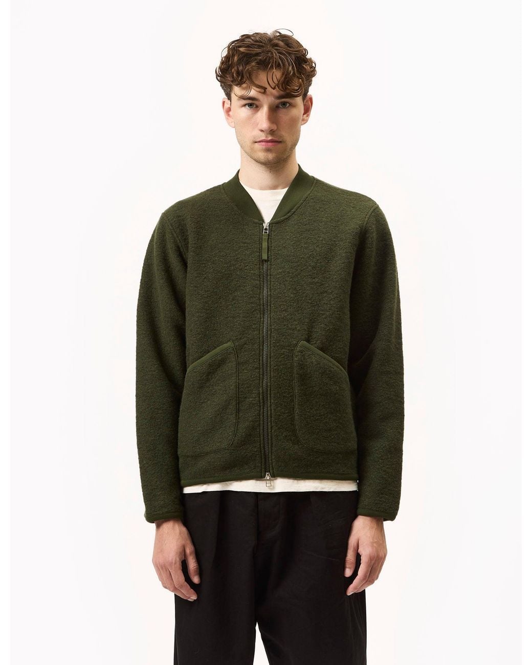 Universal Works Green Zip Bomber (Wool Fleece) for men