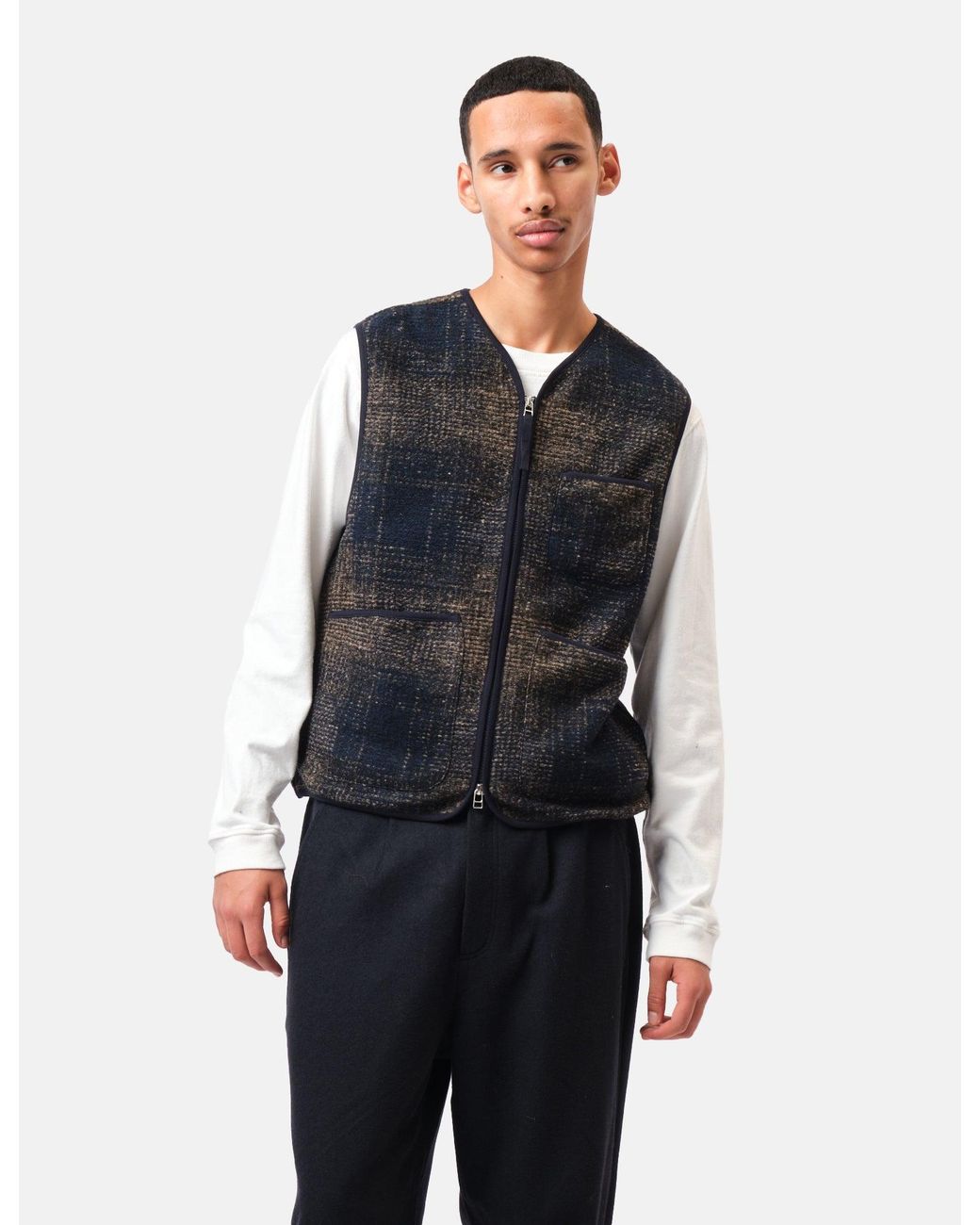 Universal Works Blue Zip Gilet (Deca Check) for men