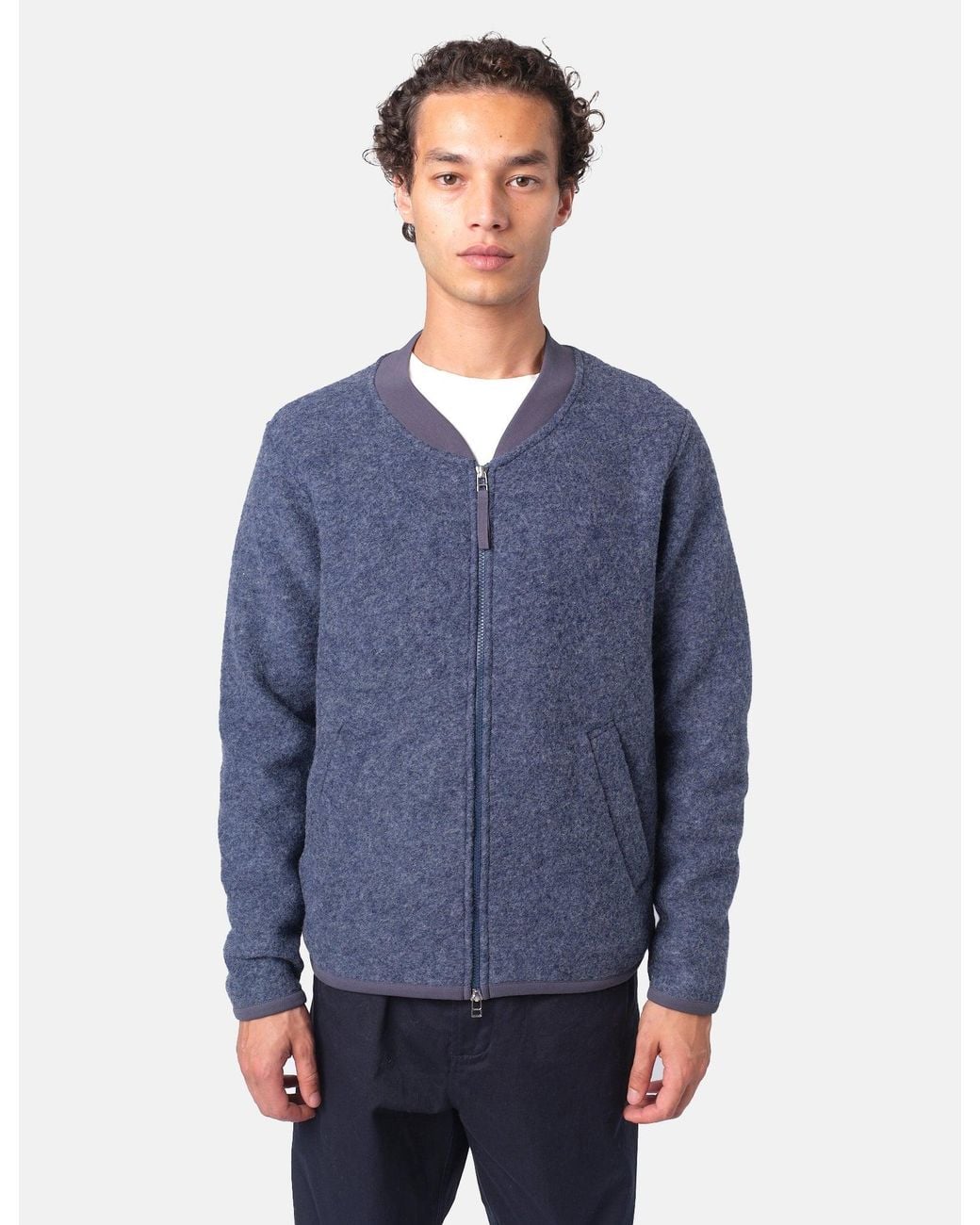 Universal Works Blue Zip Bomber Jacket (Wool Fleece) for men