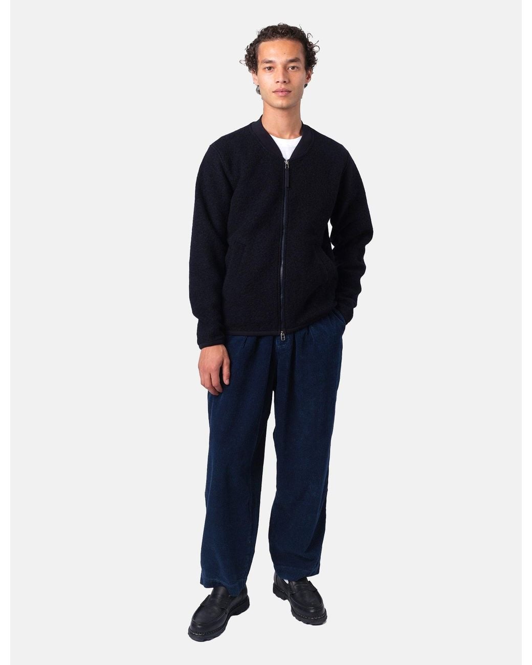 Universal Works Blue Zip Bomber Jacket (Wool Fleece) for men