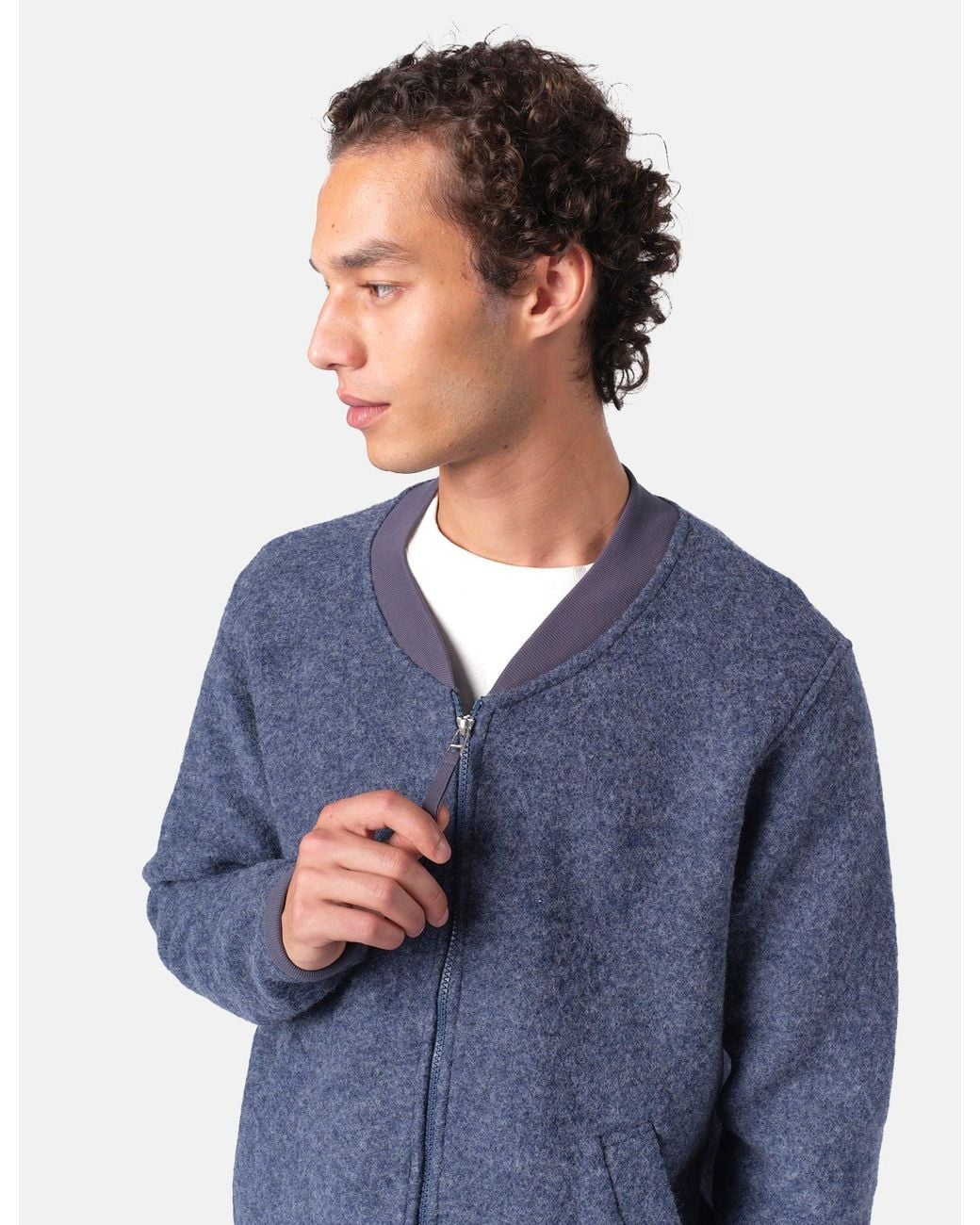 Universal Works Blue Zip Bomber Jacket (Wool Fleece) for men