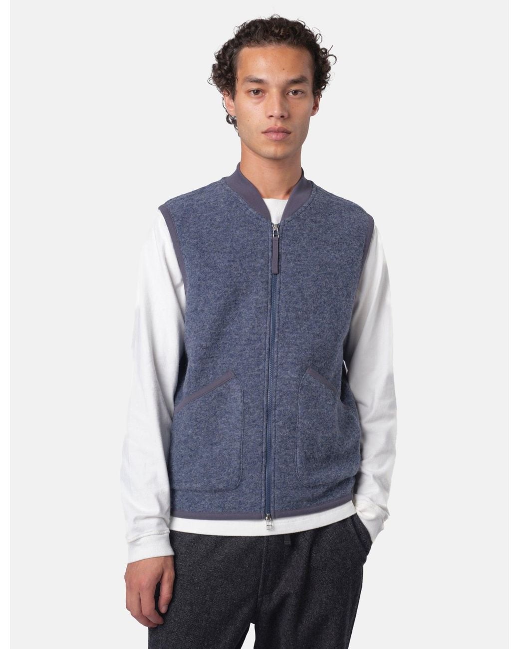 Universal Works Blue Zip Waistcoat (Wool Fleece) for men