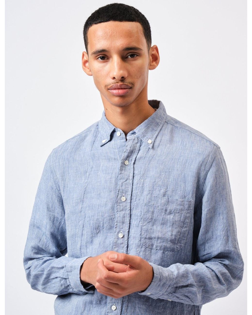 Beams Plus Blue Button Down 1/40 Linen Chambray Shirt for men