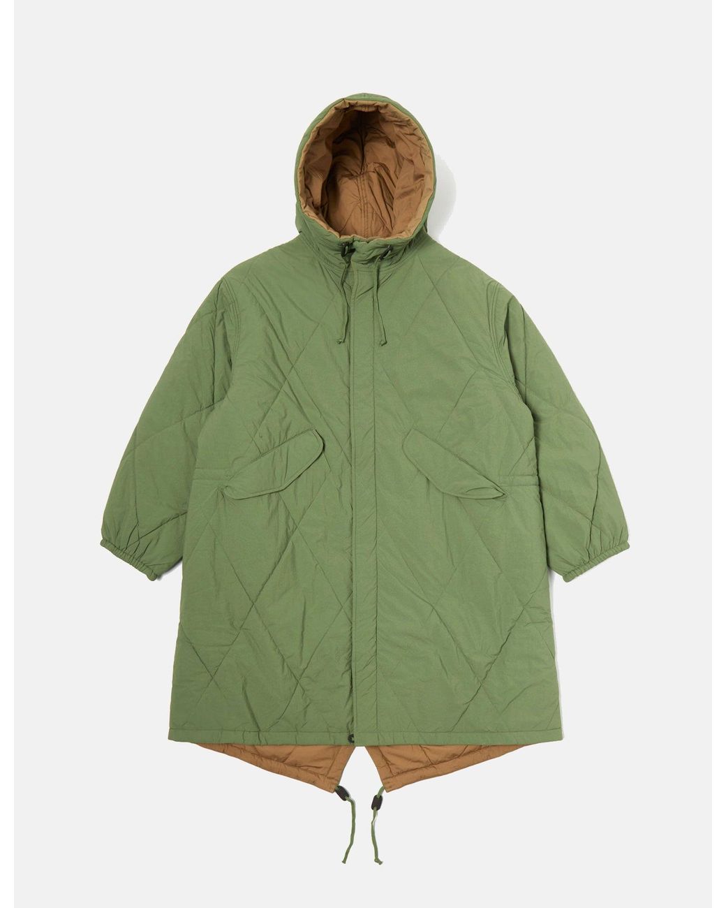 Universal Works Green Diamond Quilt Parka Jacket for men