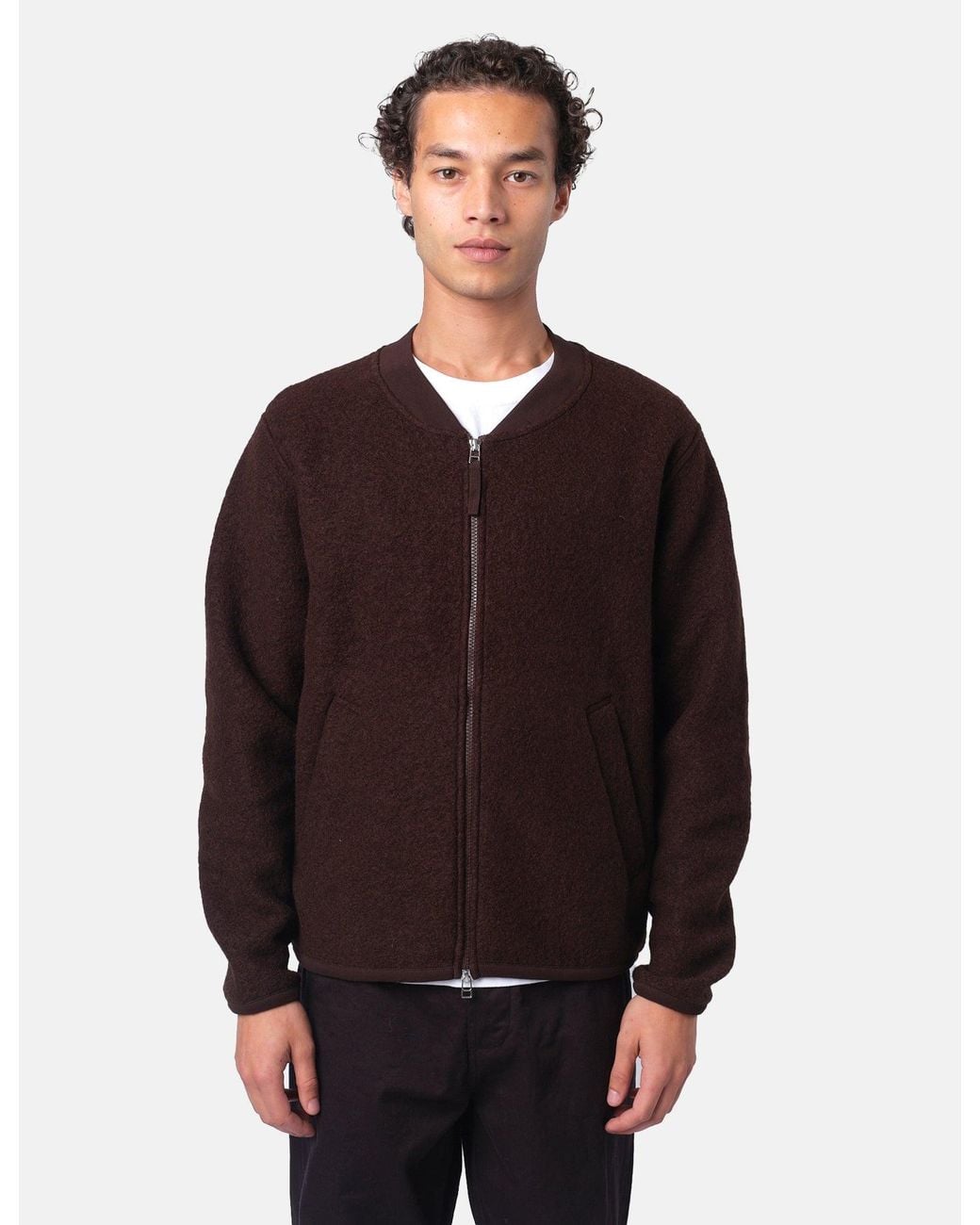 Universal Works Brown Zip Bomber Jacket (Wool Fleece) for men