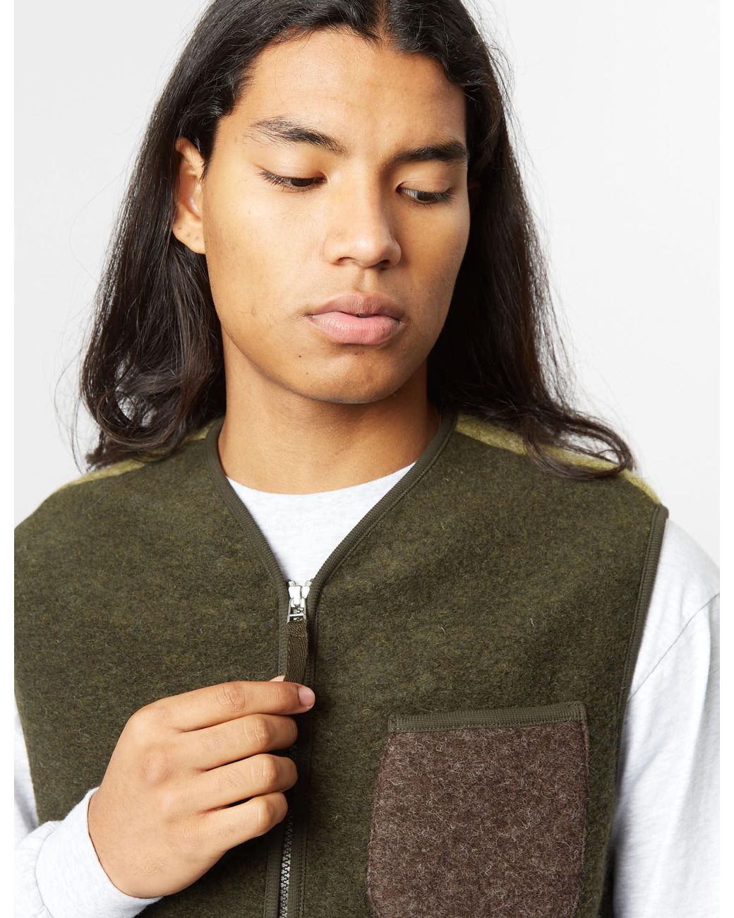 Universal Works Green Mixed Zip Gilet for men