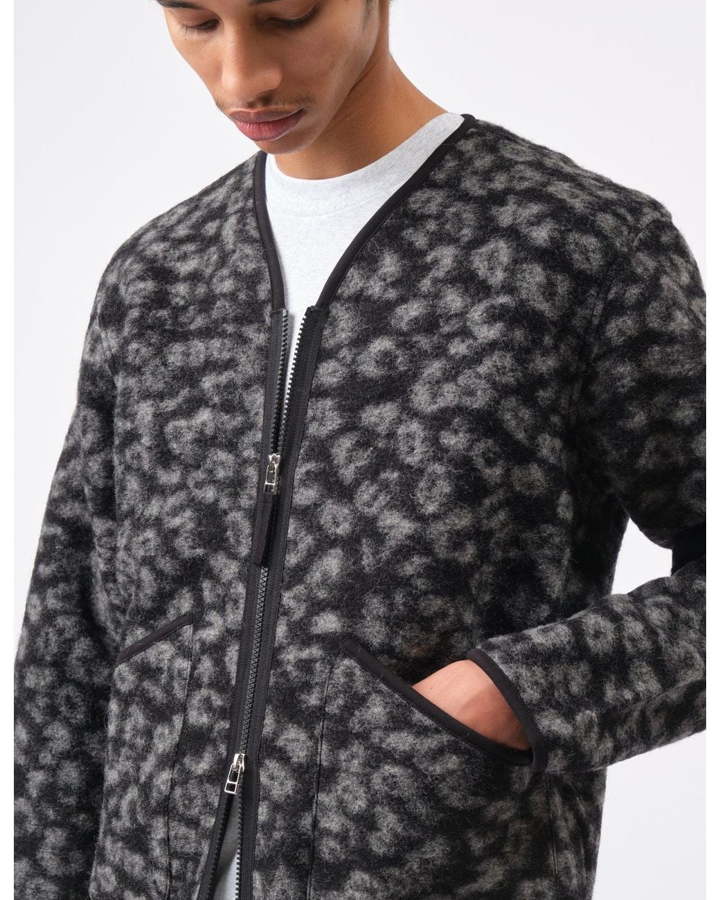 Universal Works Gray Zip Liner Fleece Jacket (Leopard) for men